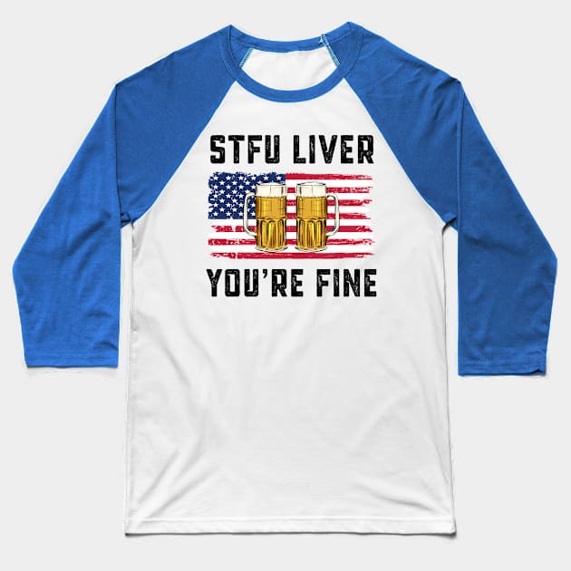 Funny Beer July 4th Gift USA Flag Fourth of July Baseball T-Shirt by qwertydesigns